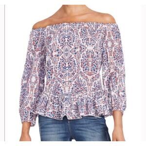 Rebecca Taylor 100% silk Floral Sz 6 Off Shoulder Ruffle Swing Blouse Top